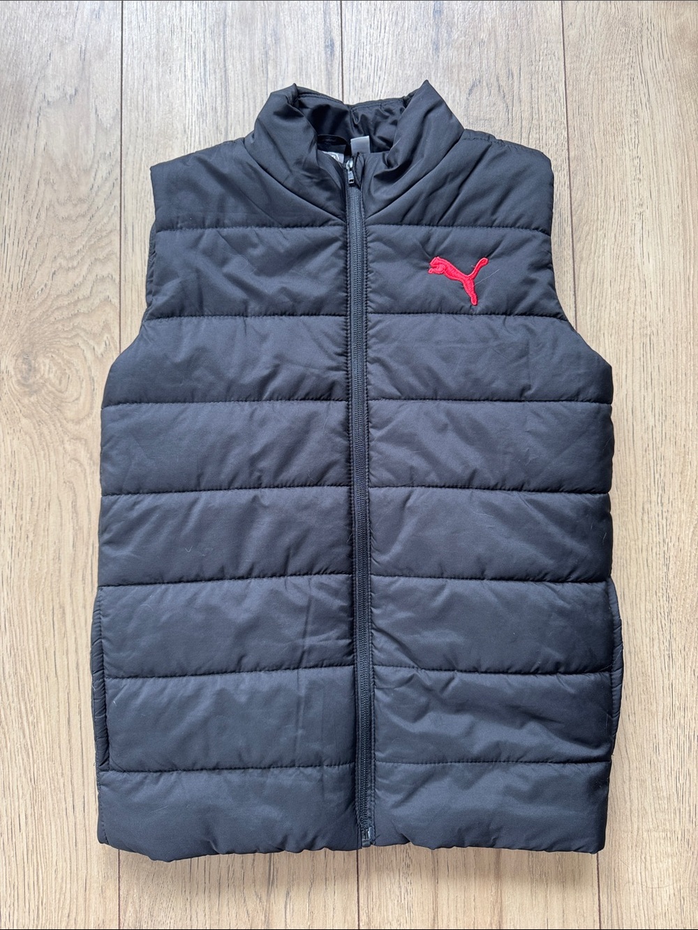 Puma Puffer Vest Youth Boys Medium 10-12 Black Red Full Zip Sleeveless Jacket